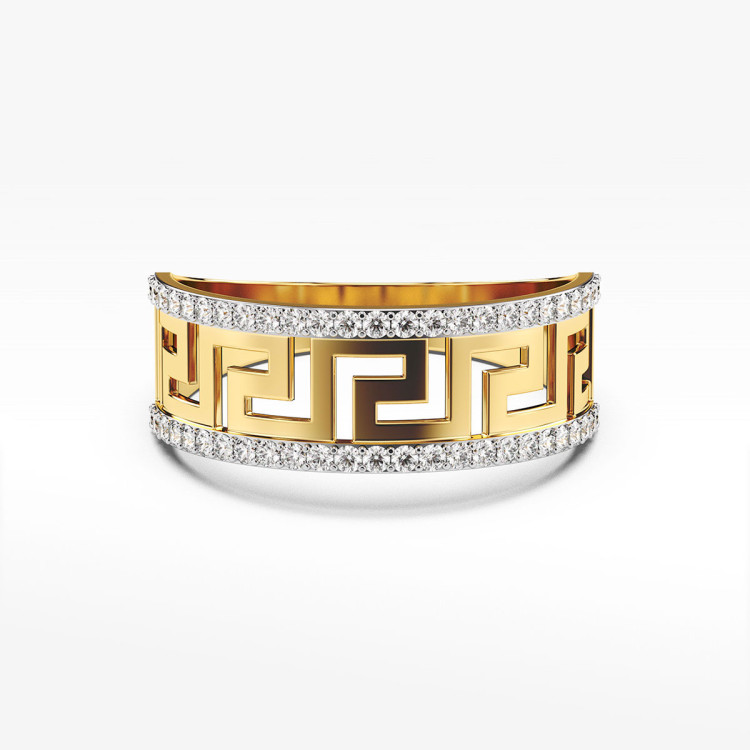 Pierścionek ze złota z białymi cyrkoniami i wzorem greckim