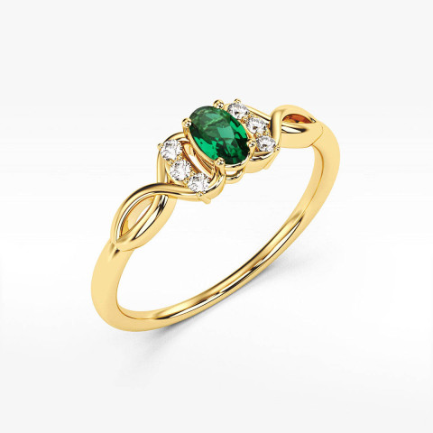 Pierścionek ze złota z zieloną i białymi cyrkoniami
