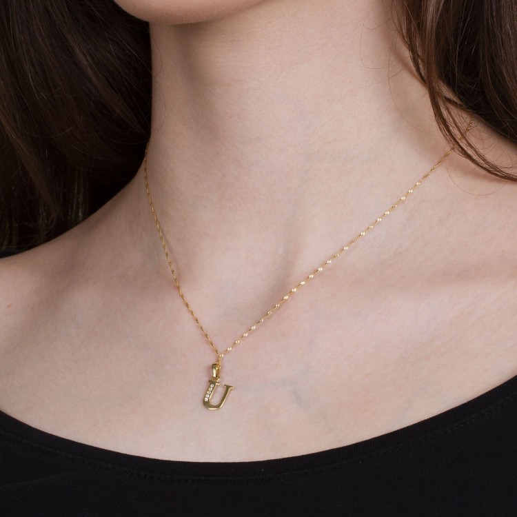 Zawieszka ze złota literka U z cyrkoniami