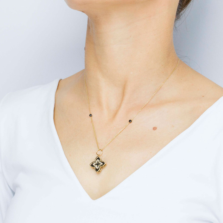 Naszyjnik ze złota 42-45cm z onyksem i białymi cyrkoniami