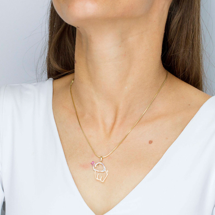 Zawieszka ze złota słonik z różowymi cyrkoniami