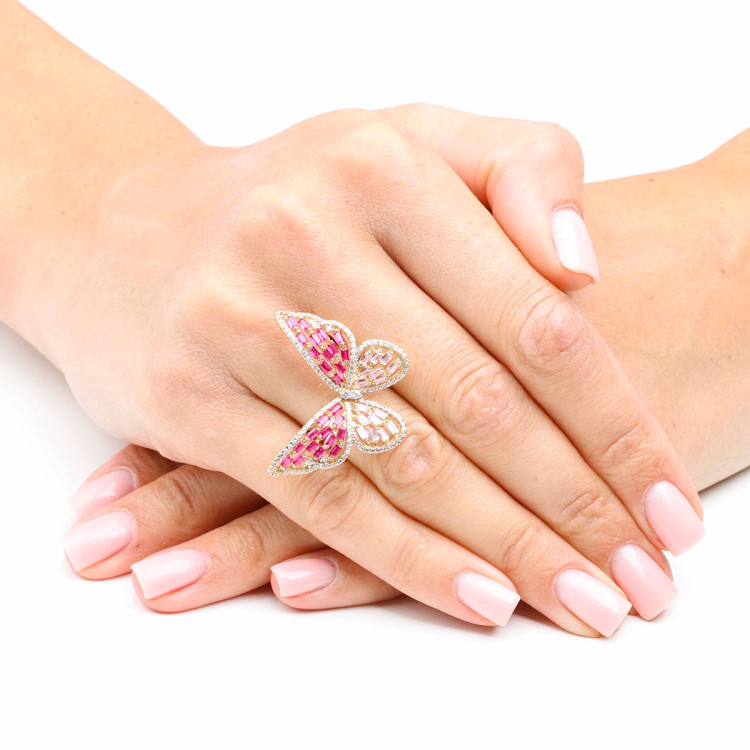 Pierścionek ze złota motyl z różowymi cyrkoniami