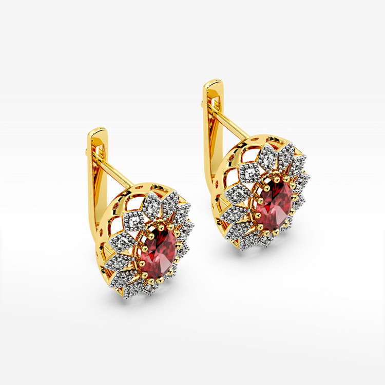 Złote kolczyki z rubinem i diamentami