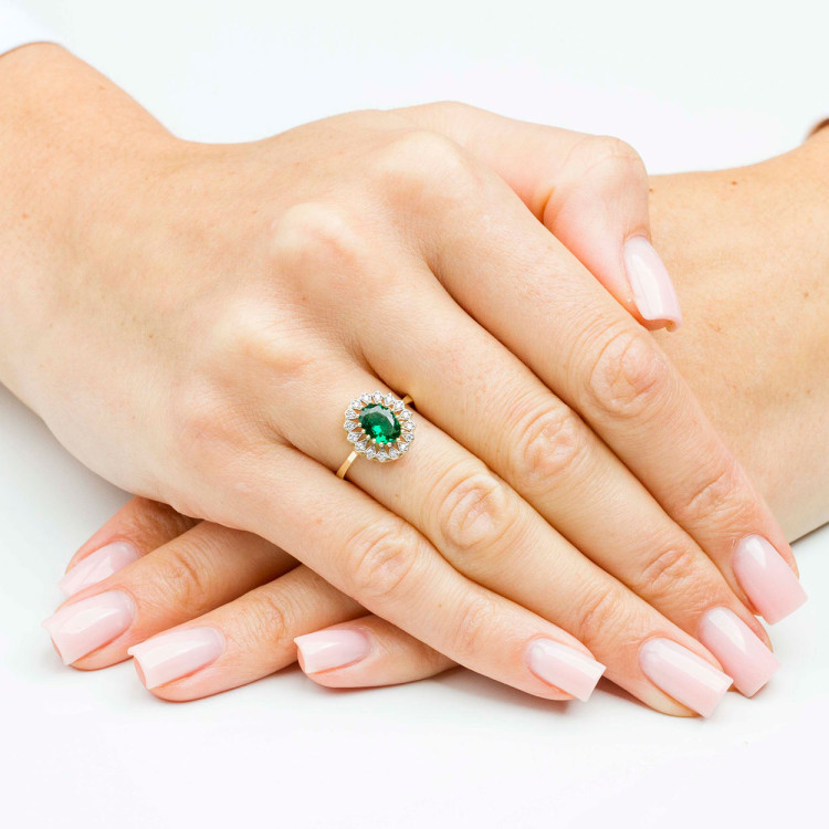 Pierścionek ze złota z zieloną i białymi cyrkoniami