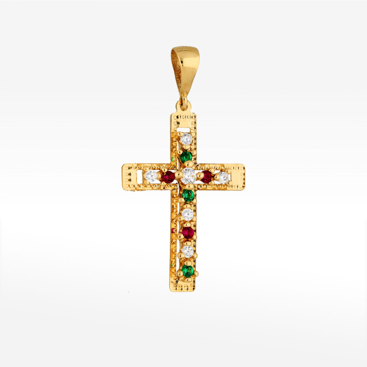 Zawieszka ze złota krzyżyk z kolorowymi cyrkoniami