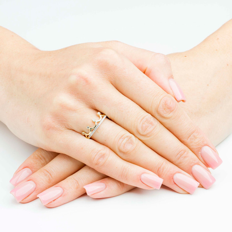 Pierścionek ze złota korona z białymi cyrkoniami