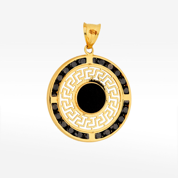 Zawieszka ze złota z wzorem greckim i czarnymi cyrkoniami