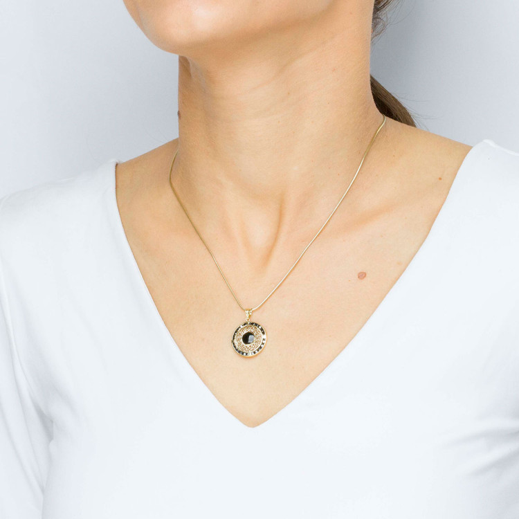 Zawieszka ze złota z wzorem greckim i czarnymi cyrkoniami