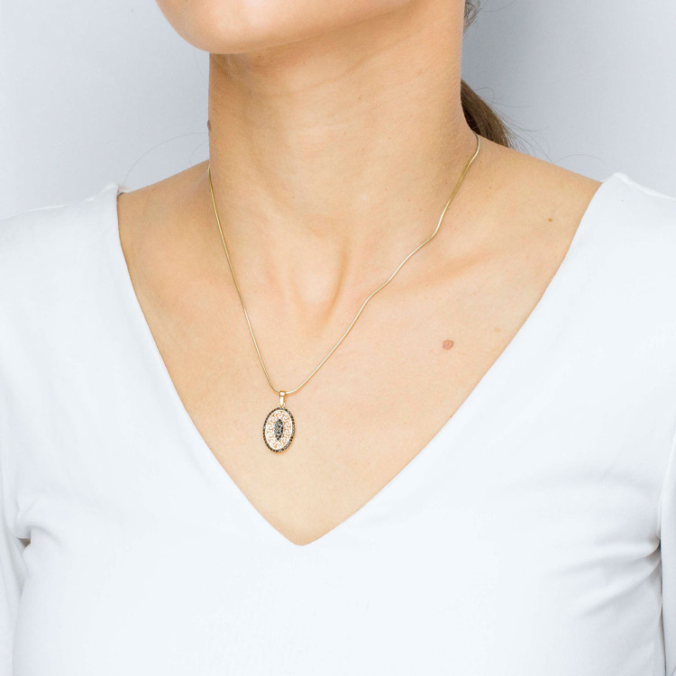 Zawieszka ze złota z wzorem greckim i czarnymi cyrkoniami