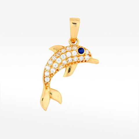 Zawieszka ze złota delfin z białymi cyrkoniami