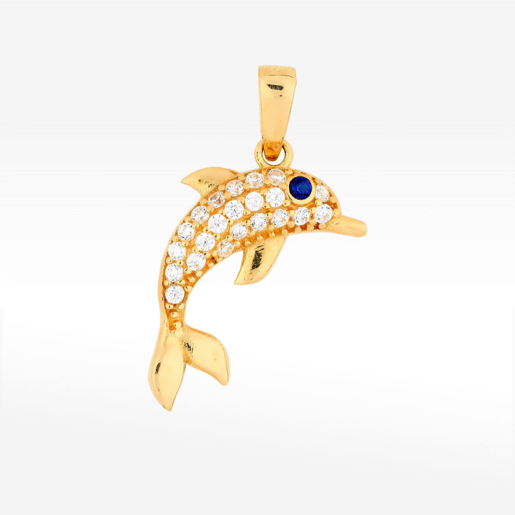 Zawieszka ze złota delfin z białymi cyrkoniami