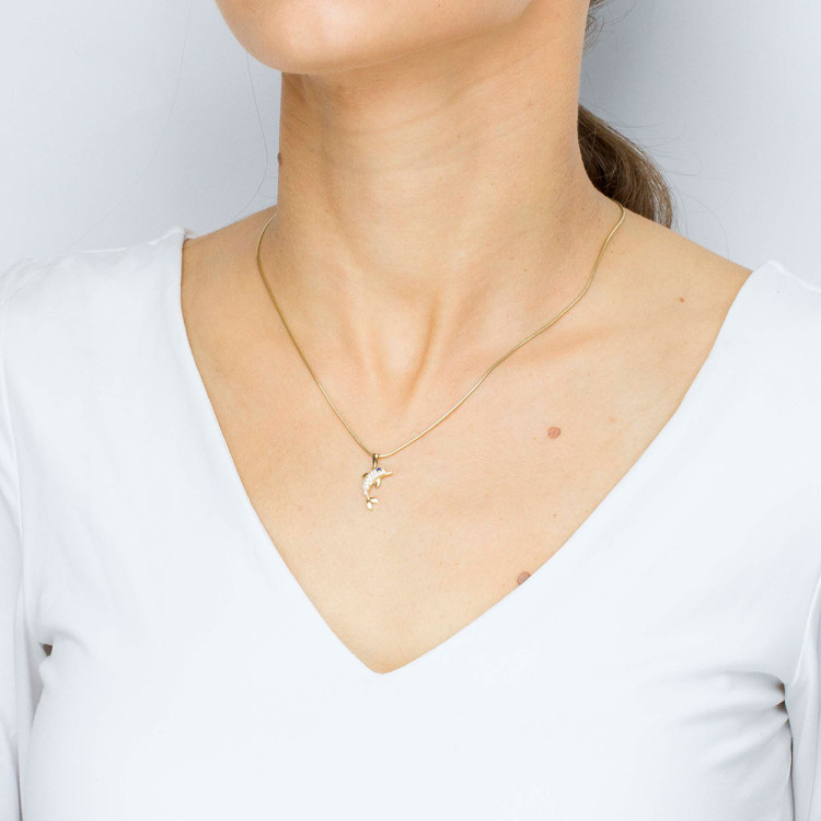 Zawieszka ze złota delfin z białymi cyrkoniami