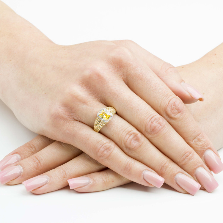 Pierścionek ze złota z żółtą i białymi cyrkoniami