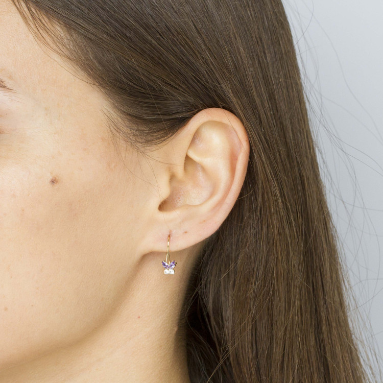 Kolczyki ze złota motylki z fioletowymi i białymi cyrkoniami