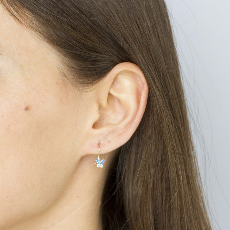 Kolczyki ze złota motylki z niebieskimi i białymi cyrkoniami