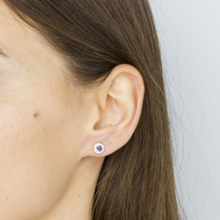 Kolczyki ze złota z fioletową i białymi cyrkoniami