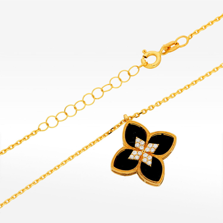 Naszyjnik ze złota 42-45cm z onyksem i białymi cyrkoniami