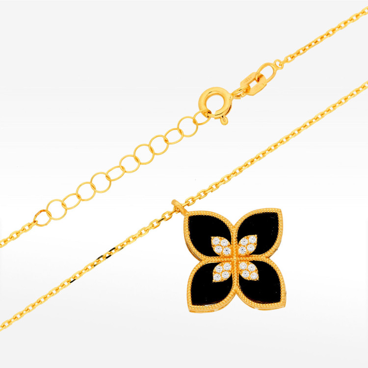 Naszyjnik ze złota 42-45cm z onyksem i białymi cyrkoniami