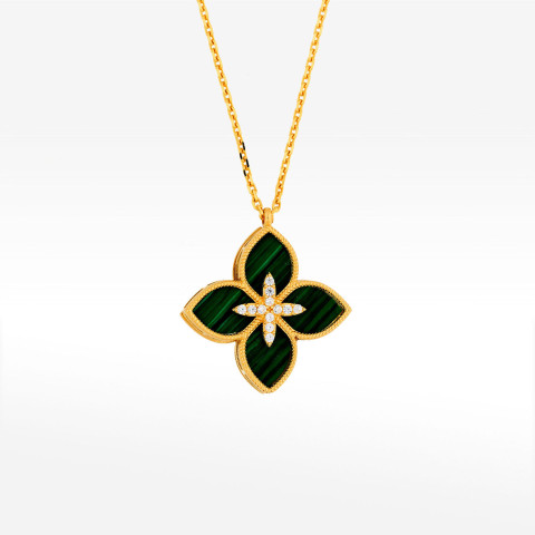 Naszyjnik ze złota 42-45cm z malachitem i białymi cyrkoniami