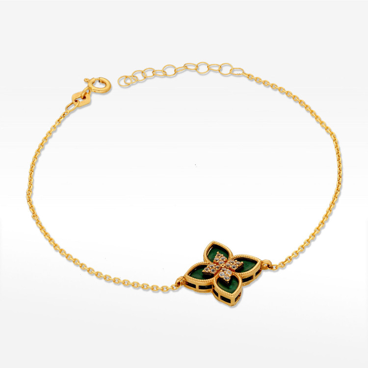 Bransoletka ze złota z malachitem i białymi cyrkoniami