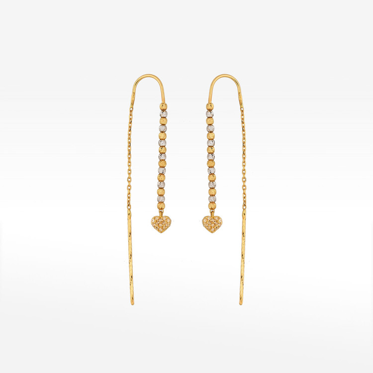 Kolczyki ze złota przeciągane z sercem i koralikami