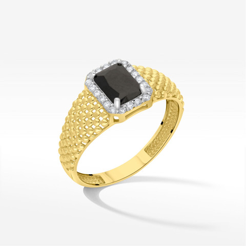 Pierścionek ze złota z czarną i białymi cyrkoniami