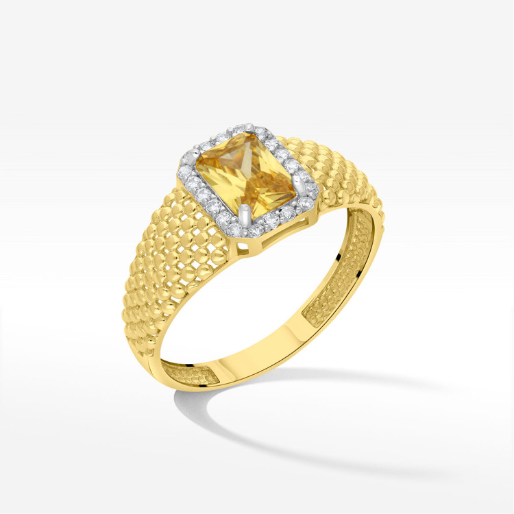 Pierścionek ze złota z żółtą i białymi cyrkoniami