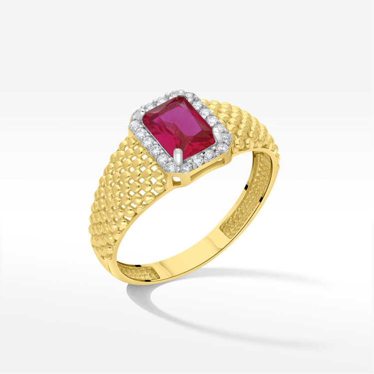 Pierścionek ze złota z różową i białymi cyrkoniami