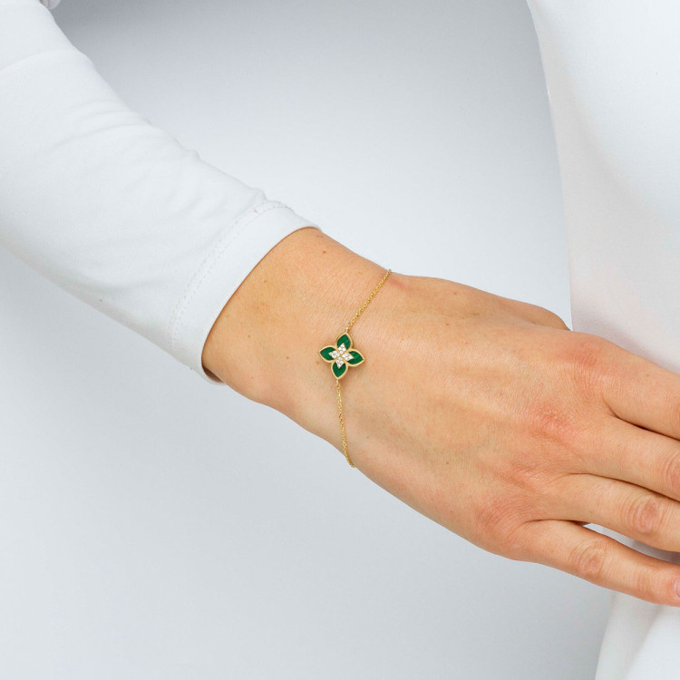 Bransoletka ze złota z malachitem i białymi cyrkoniami