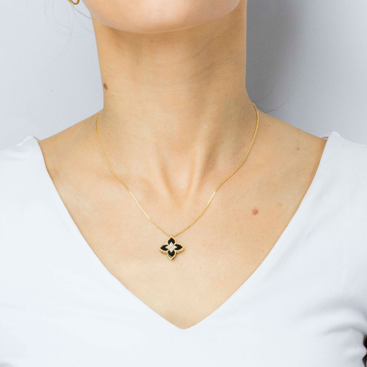 Naszyjnik ze złota 42-45cm z onyksem i białymi cyrkoniami