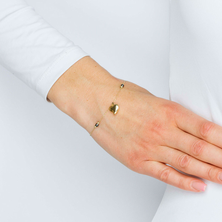 Bransoletka ze złota serce z czarnymi koralikami