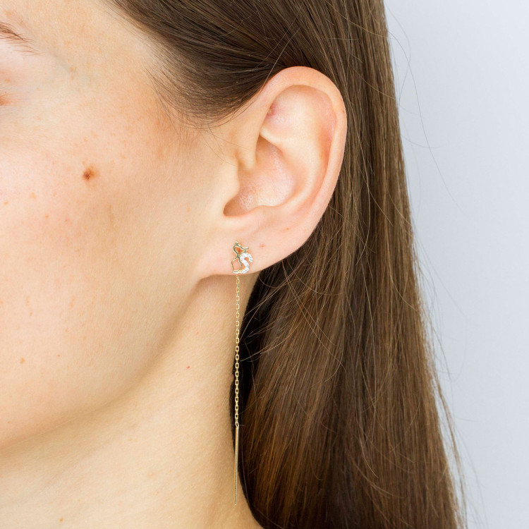 Kolczyki ze złota przeciągane kotki z białymi cyrkoniami