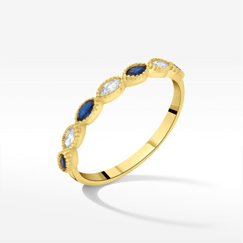 Pierścionek ze złota z niebieskimi i białymi cyrkoniami