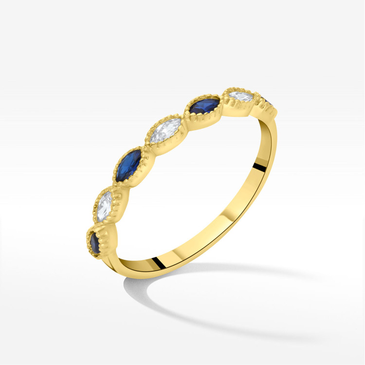 Pierścionek ze złota z niebieskimi i białymi cyrkoniami
