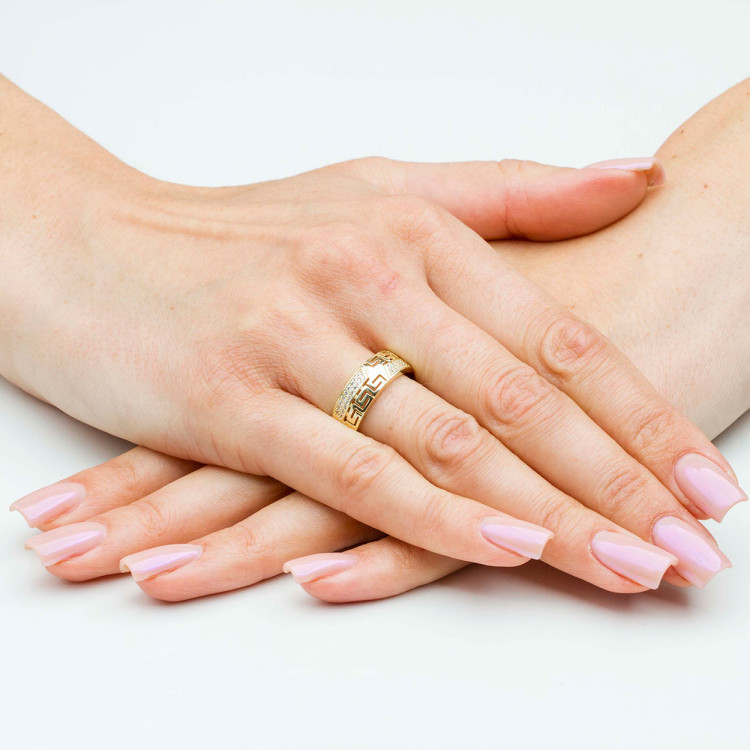 Pierścionek ze złota wzór grecki z białymi cyrkoniami