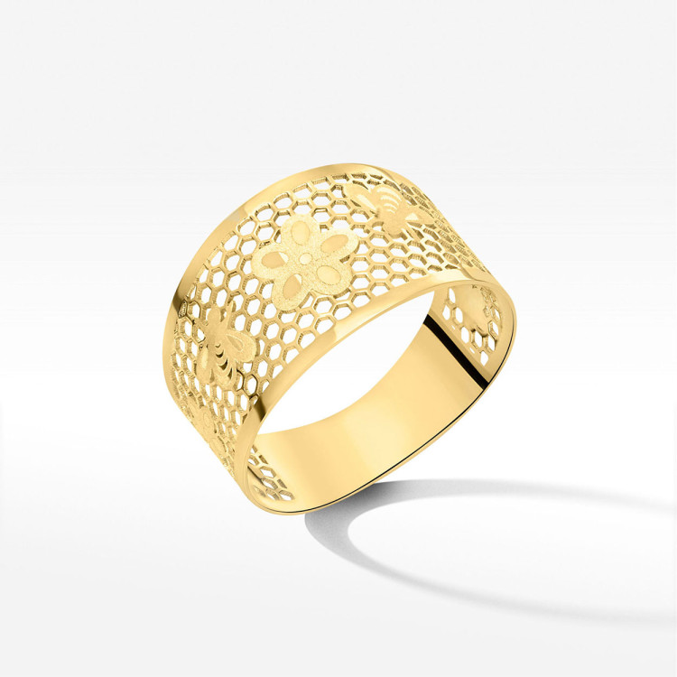 Pierścionek ze złota z kwiatkami i pszczółkami