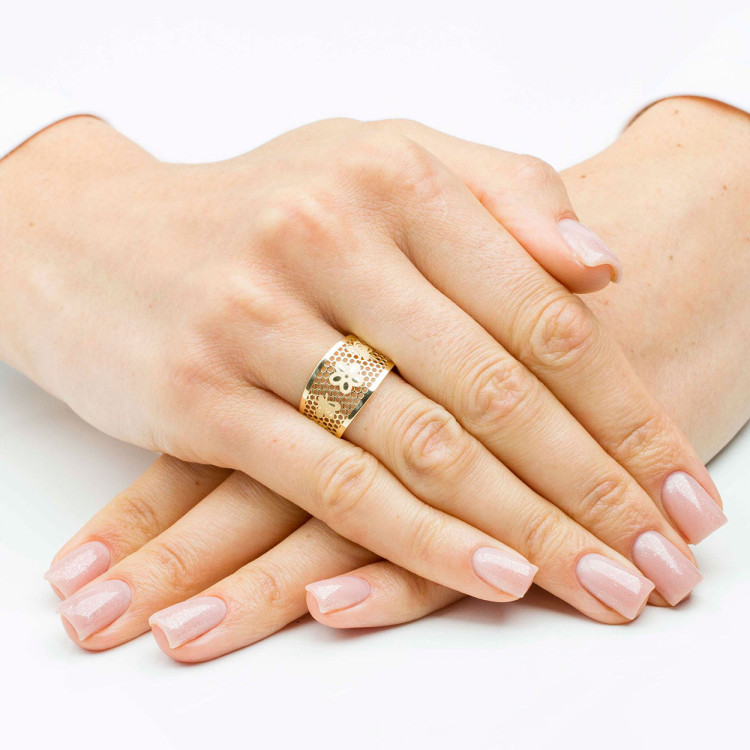 Pierścionek ze złota z kwiatkami i pszczółkami