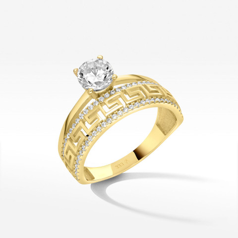 Pierścionek ze złota wzór grecki z białymi cyrkoniami