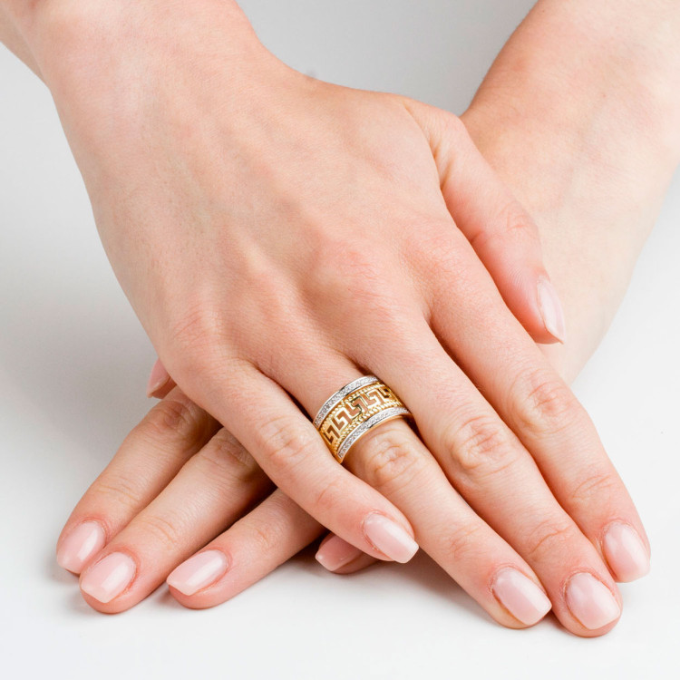 Pierścionek ze złota wzór grecki z białymi cyrkoniami