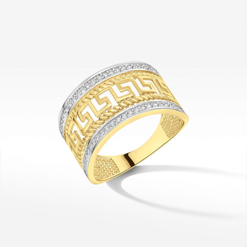 Pierścionek ze złota wzór grecki z białymi cyrkoniami