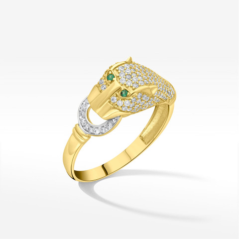 Pierścionek ze złota pantera z białymi cyrkoniami