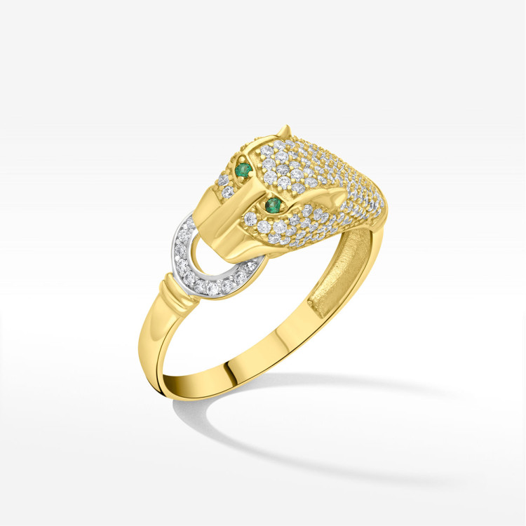 Pierścionek ze złota pantera z białymi cyrkoniami