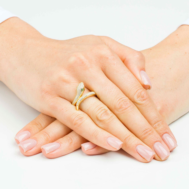 Pierścionek ze złota wąż z białymi cyrkoniami