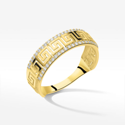 Pierścionek ze złota wzór grecki z białymi cyrkoniami