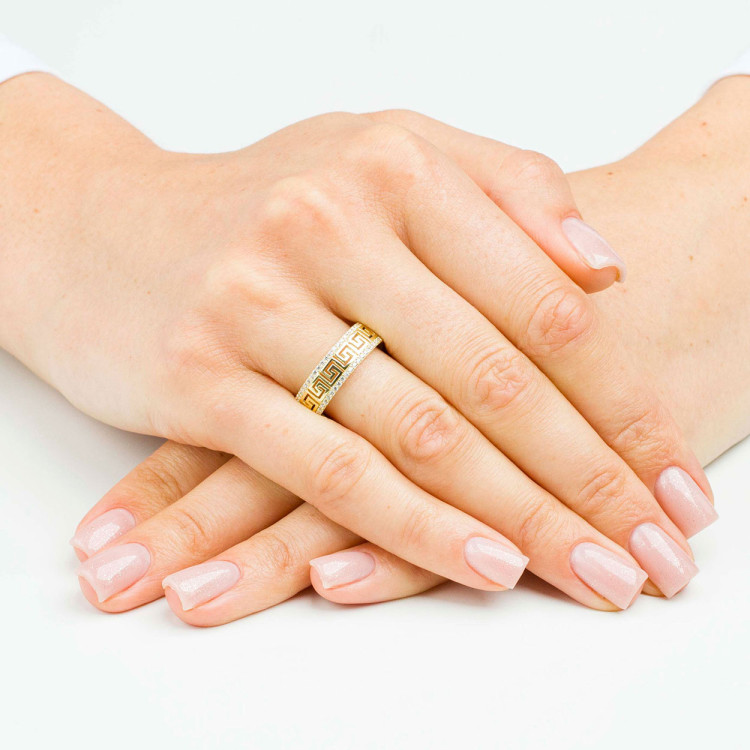 Pierścionek ze złota wzór grecki z białymi cyrkoniami