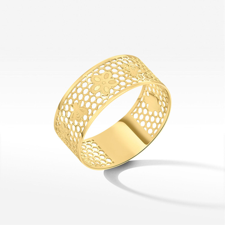 Pierścionek ze złota z pszczółkami i kwiatkami