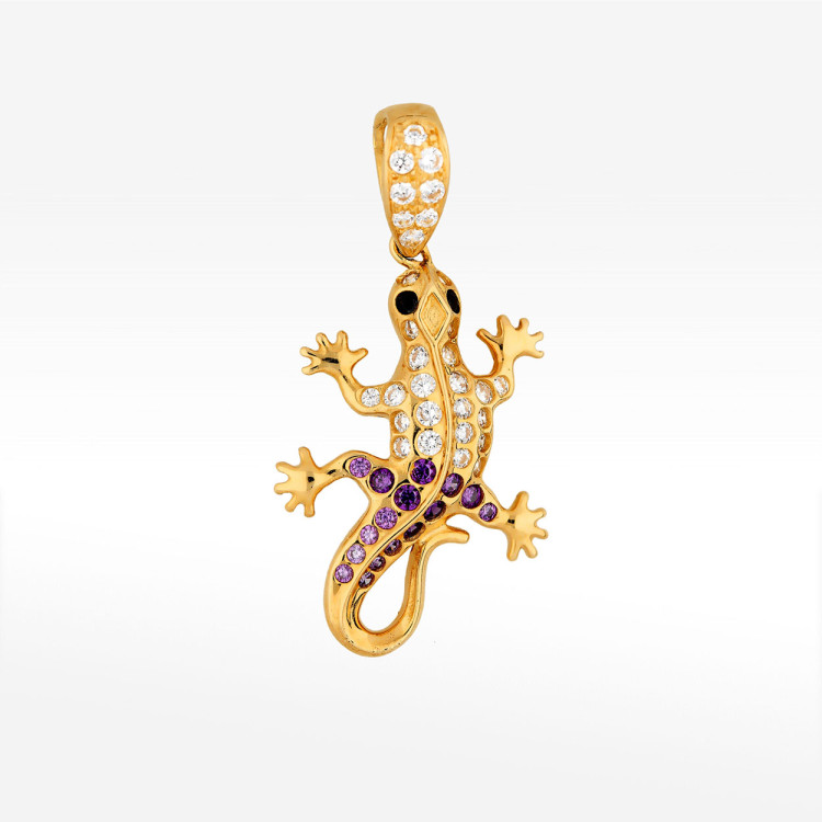 Zawieszka ze złota jaszczurka z fioletowymi i białymi cyrkoniami