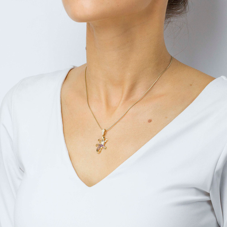 Zawieszka ze złota jaszczurka z fioletowymi i białymi cyrkoniami