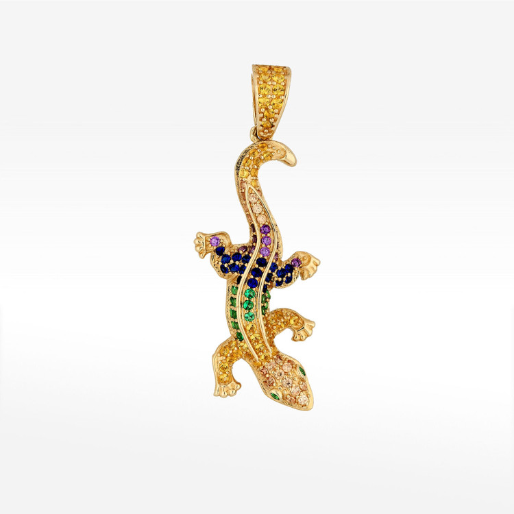 Zawieszka ze złota jaszczurka z kolorowymi cyrkoniami