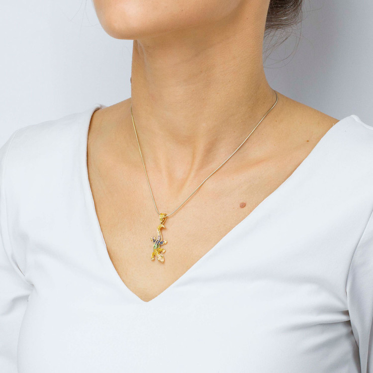 Zawieszka ze złota jaszczurka z kolorowymi cyrkoniami